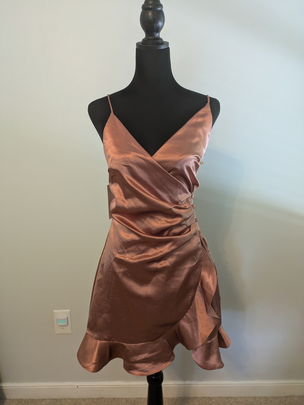 NWT Aura Satiny Wrap Mini Dress Size S Side Buttons Ruffle Asymmetrical